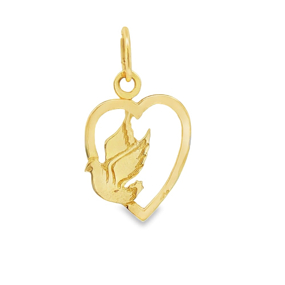 14K Yellow Gold Heart Charm with Dove Design