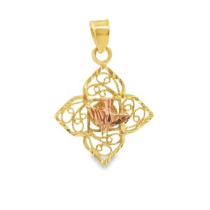 14K Yellow Gold Filigree Cross Charm with Pink Dove Center, 1.50g