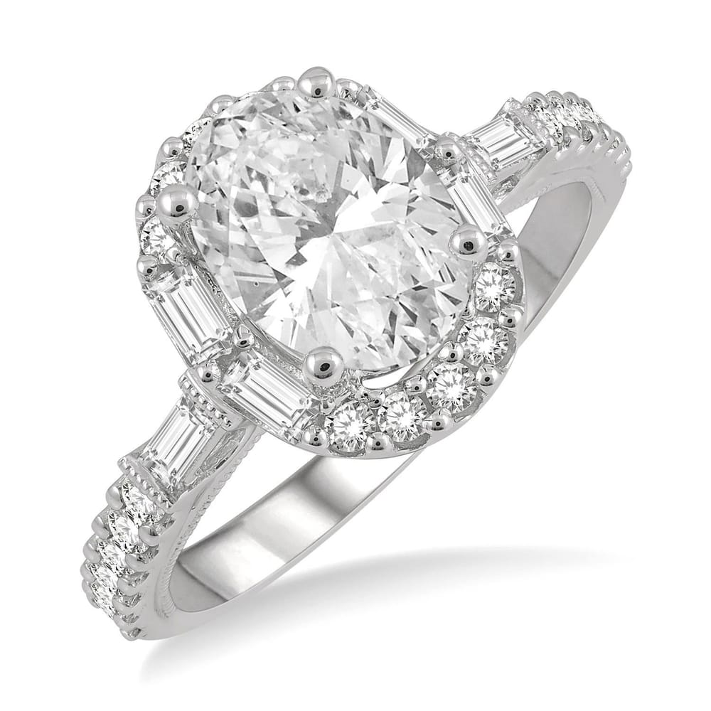 14K White Gold Oval Shape Semi-Mount Halo Diamond Engagement Ring