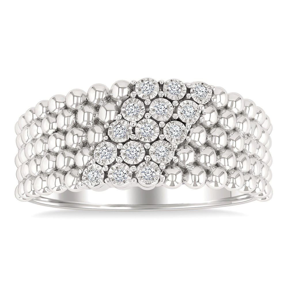 Sterling Silver Bold Ball Bead and Slanted Round Cut Diamond Ring