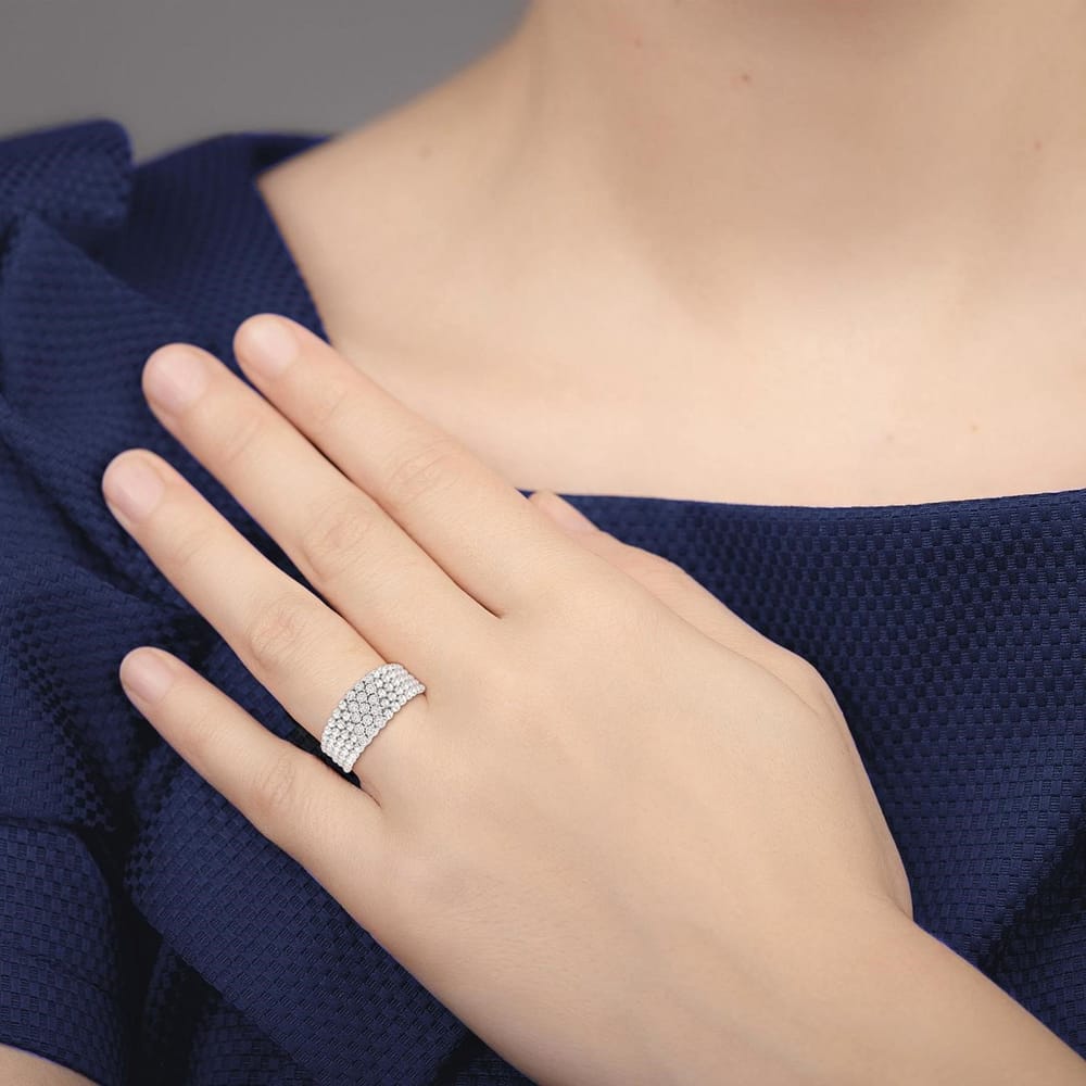 Sterling Silver Bold Ball Bead and Slanted Round Cut Diamond Ring