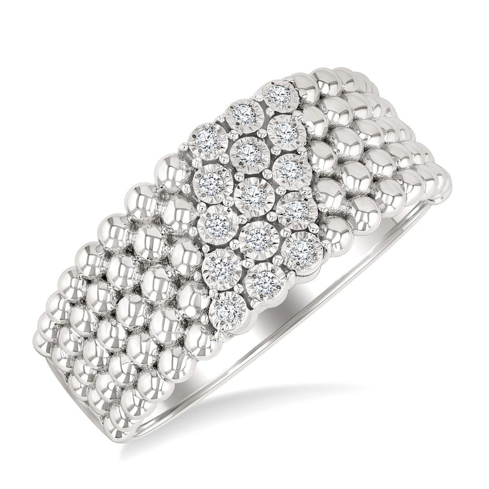 Sterling Silver Bold Ball Bead and Slanted Round Cut Diamond Ring