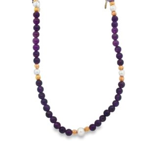 14K Yellow Gold Pearl and Amethyst Bead Necklace - 17 Inches - 5mm