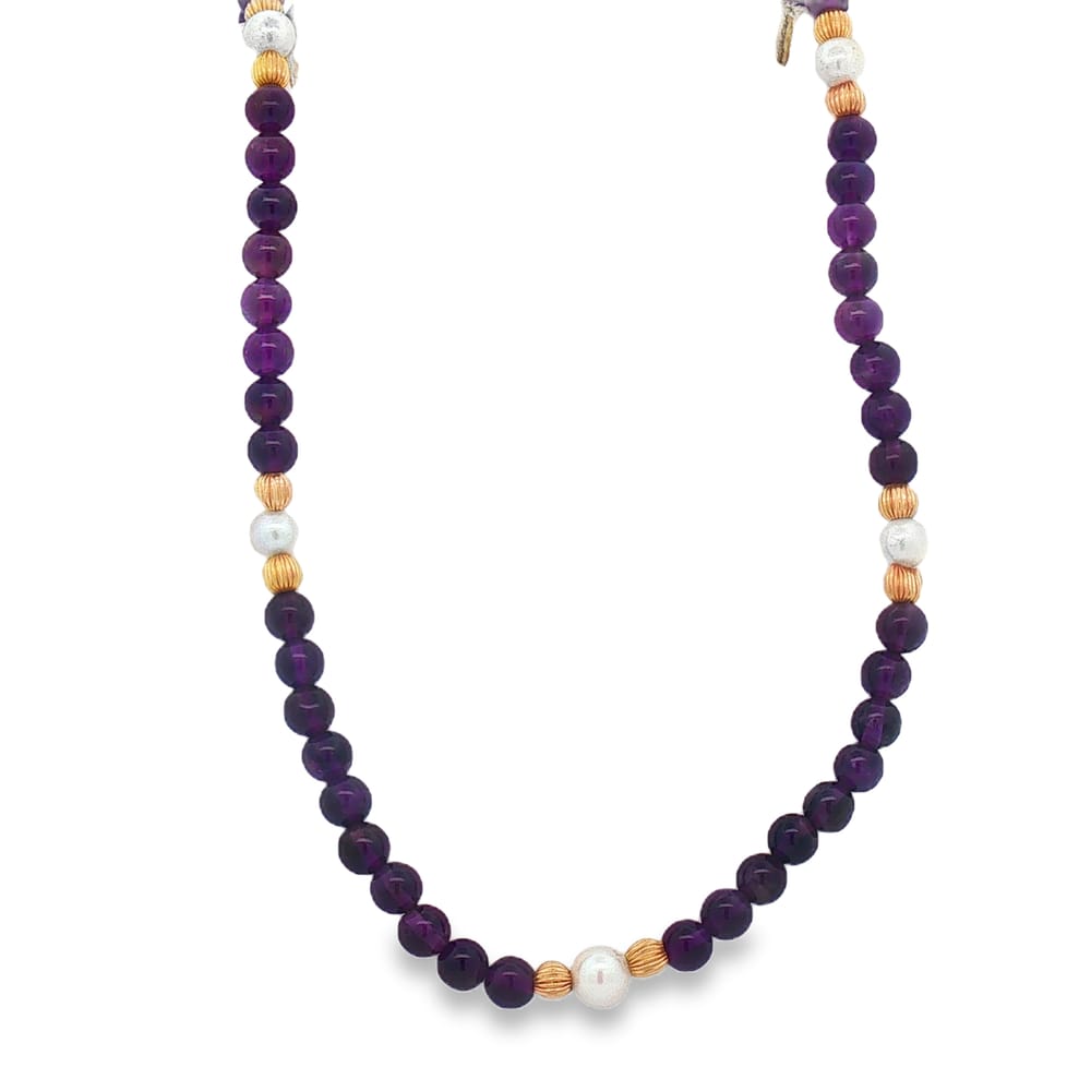 14K Yellow Gold Pearl and Amethyst Bead Necklace - 17 Inches - 5mm