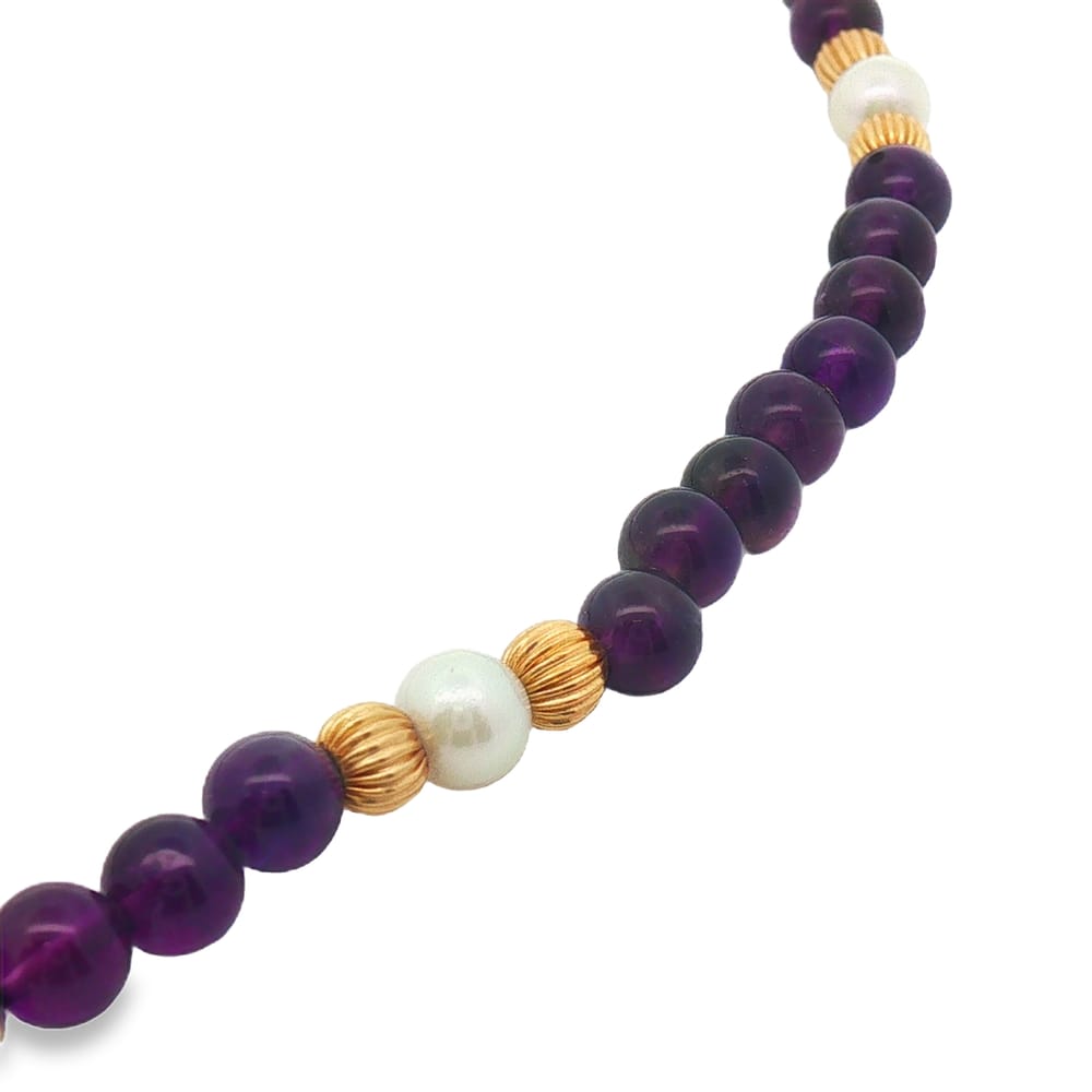 14K Yellow Gold Pearl and Amethyst Bead Necklace - 17 Inches - 5mm