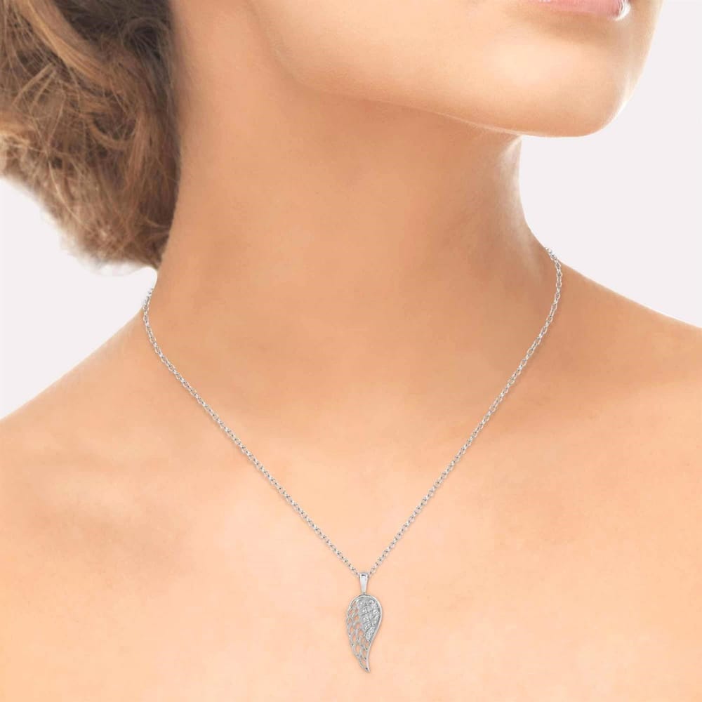 Silver Angel Wings Diamond Pendant with Chain - 1/20 Ctw Round Cut Diamonds