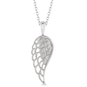 Silver Angel Wings Diamond Pendant with Chain - 1/20 Ctw Round Cut Diamonds