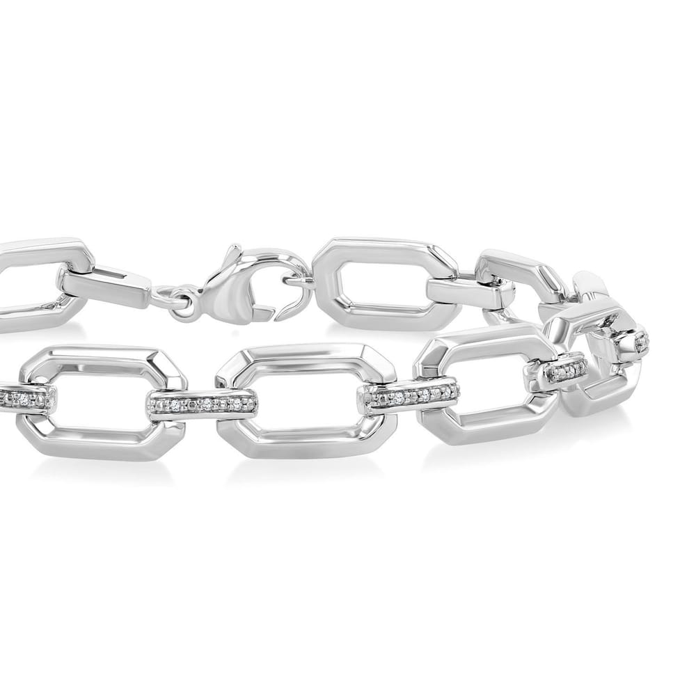 Sterling Silver Bold Rectangular Shape Link Diamond Fashion Bracelet