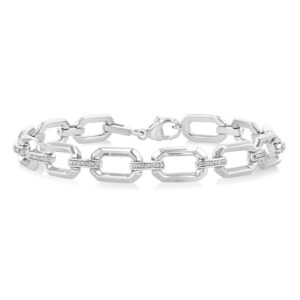 Sterling Silver Bold Rectangular Shape Link Diamond Fashion Bracelet