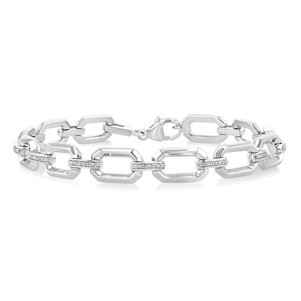 Sterling Silver Bold Rectangular Shape Link Diamond Fashion Bracelet
