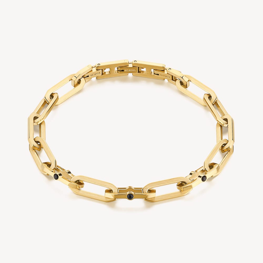 stainless steel chain bracelet polished & satin steel 14K gold pvd coating & jet color crystals
