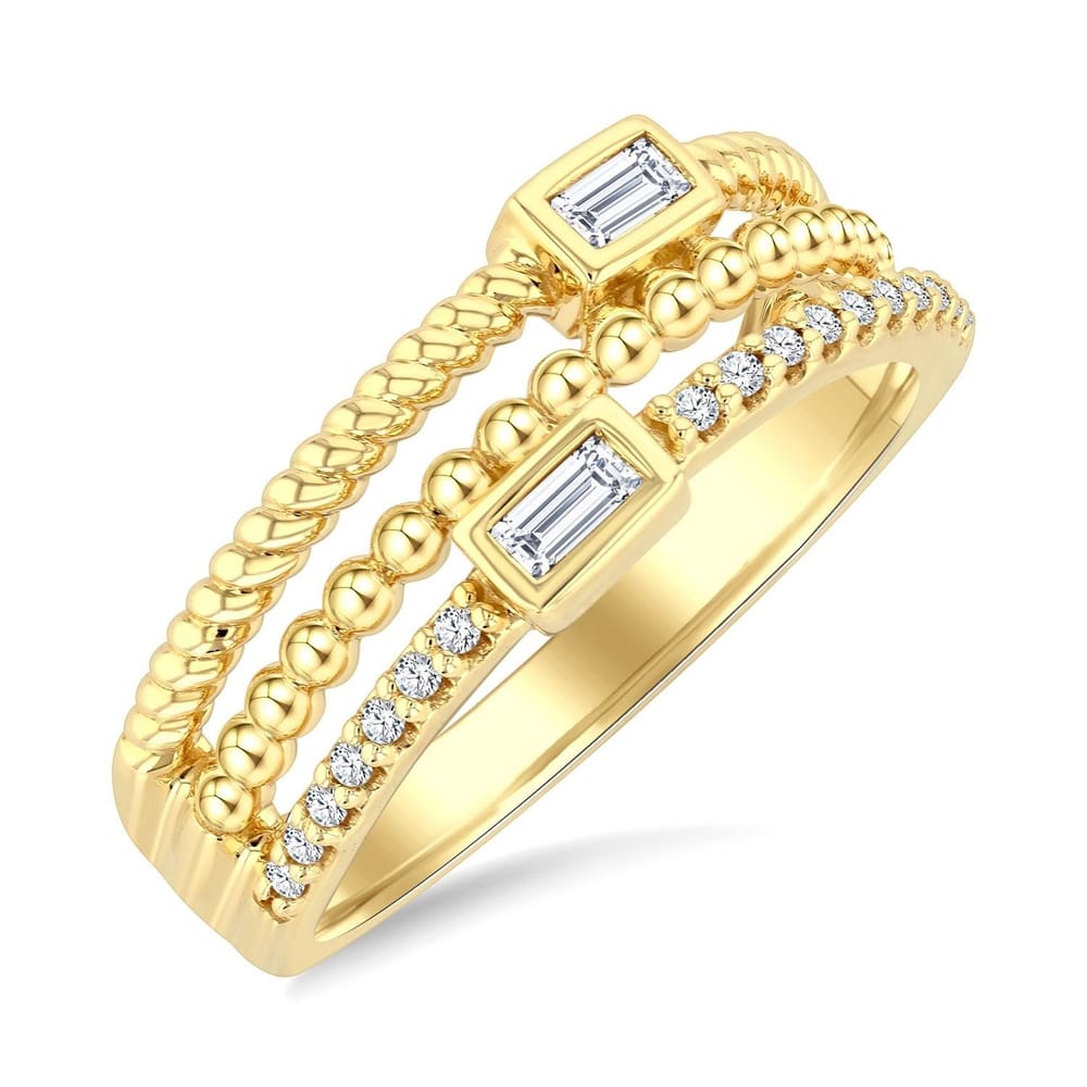 10K Yellow Gold Triple Row Baguette and Round Diamond Fashion Band - .20CTW