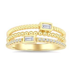 10K Yellow Gold Triple Row Baguette and Round Diamond Fashion Band - .20CTW