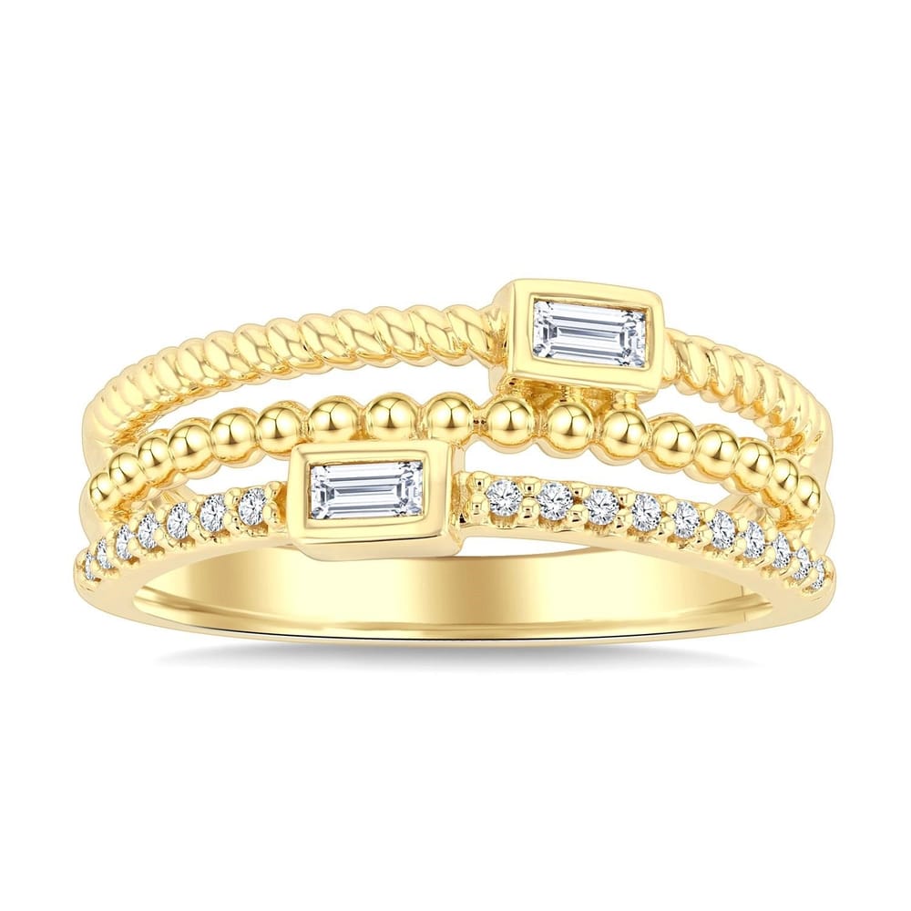 10K Yellow Gold Triple Row Baguette and Round Diamond Fashion Band - .20CTW