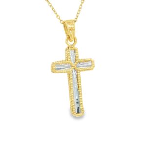 14K Gold Reversible Yellow and White Two Tone Beaded Cross Charm - 18" Length, 2.39g Weight