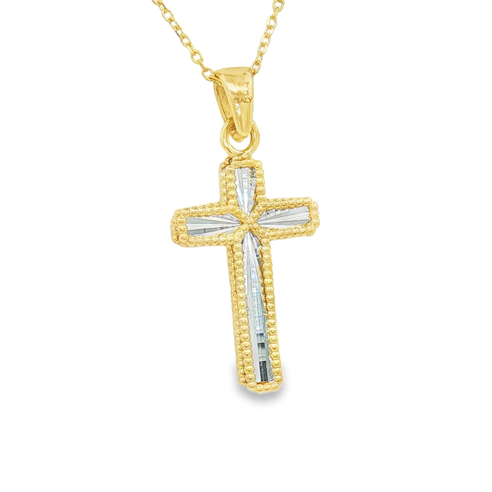 14K Gold Reversible Yellow and White Two Tone Beaded Cross Charm - 18" Length, 2.39g Weight