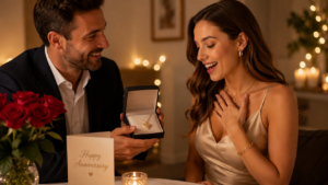 a gentlemen is at a table giving a woman an anniversary gift in a box to celebrate their anniversary