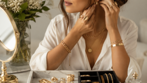 image of a lady styling her gold jewelry pieces on her