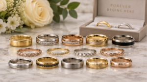 an image of various women and mens wedding bands displayed on a table