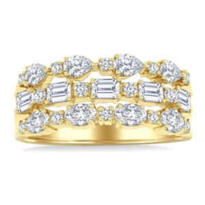 14K Yellow Gold Mixed Shape Three Row Diamond Fashion Band