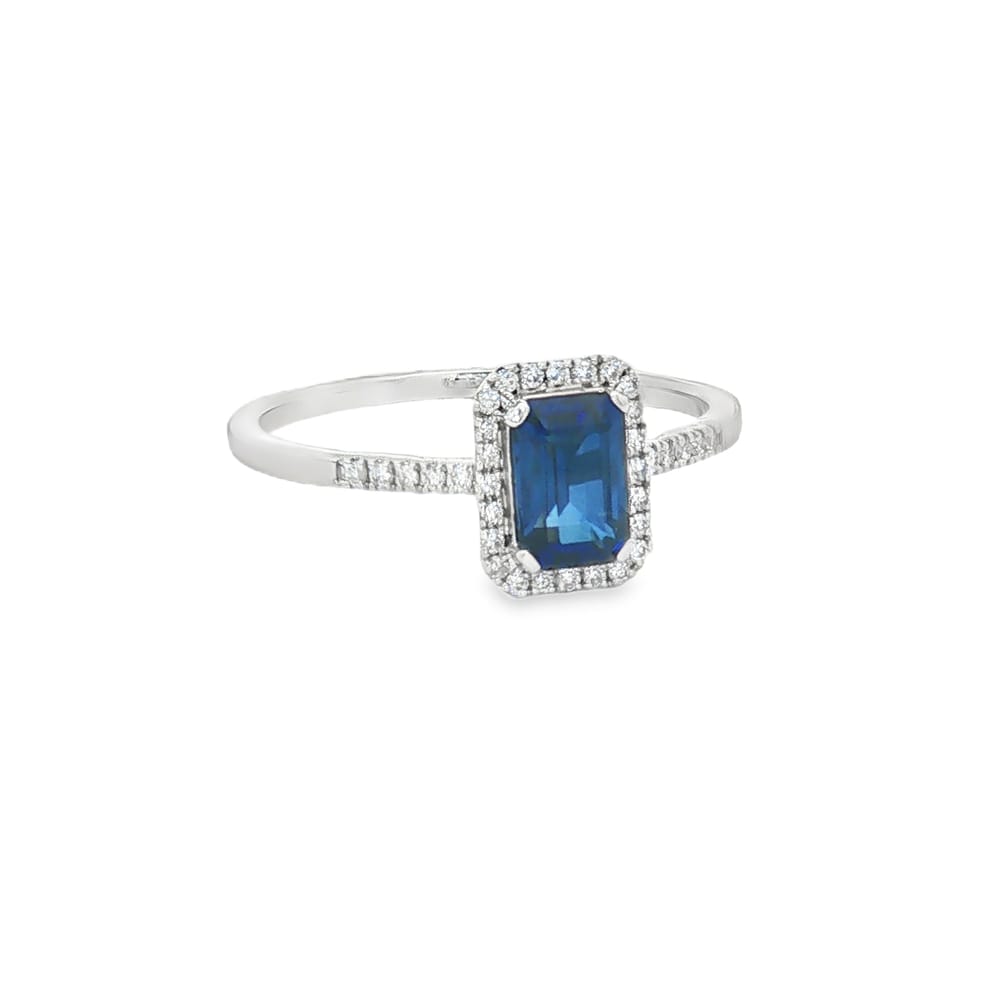 14K Gold Emerald Cut Blue Sapphire and Diamond Ring