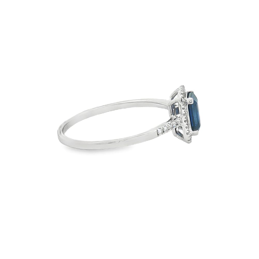 14K Gold Emerald Cut Blue Sapphire and Diamond Ring
