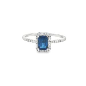 14K Gold Emerald Cut Blue Sapphire and Diamond Ring