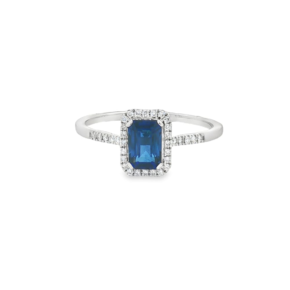 14K Gold Emerald Cut Blue Sapphire and Diamond Ring