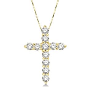 14K Yellow Gold Round Diamond Cross Pendant Necklace