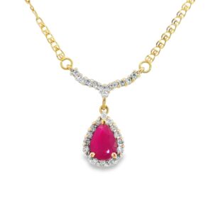 Ruby and Diamond Pendant in 14K Gold with Pear and Round Shapes