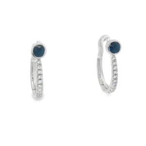 14K White Gold Blue Sapphire and Diamond Huggy Earrings for Women