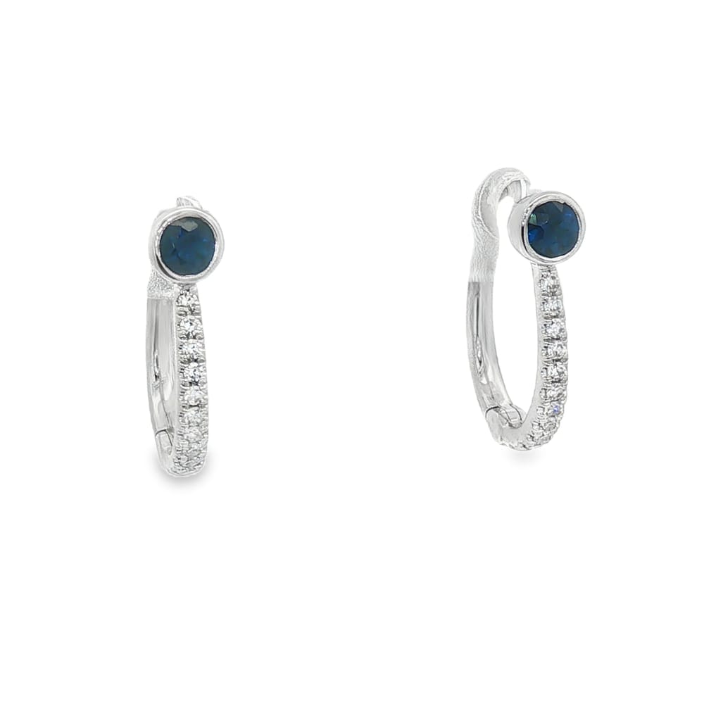 14K White Gold Blue Sapphire and Diamond Huggy Earrings for Women