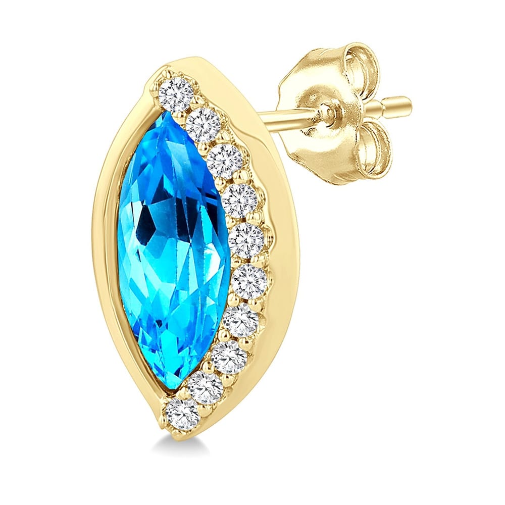 10K Yellow Gold Marquise Shape Blue Topaz and Diamond Earrings