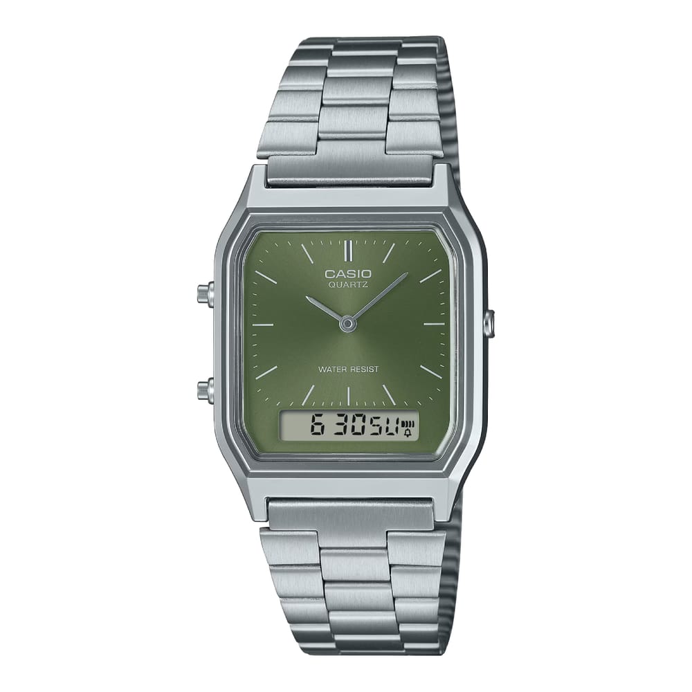 Casio AQ230 Vintage Silver Watch with Green Dial: AQ230A-3A