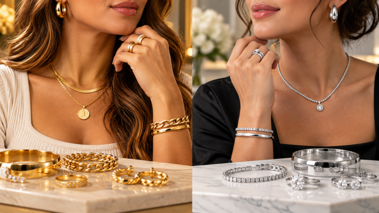 a comparison image of two woman wearing gold and silver